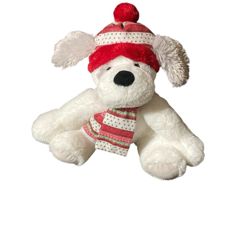 Hugfun White Gray Plush Puppy Dog Joey w/ Hat & Scarf‎ Stuffed Animal